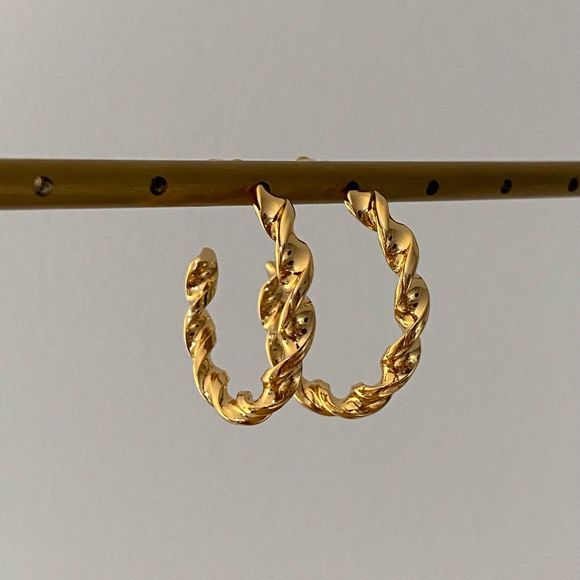 18K Thick Gold Plated Anaya Twist Rope Hoop Earrings - Picture 2 of 6